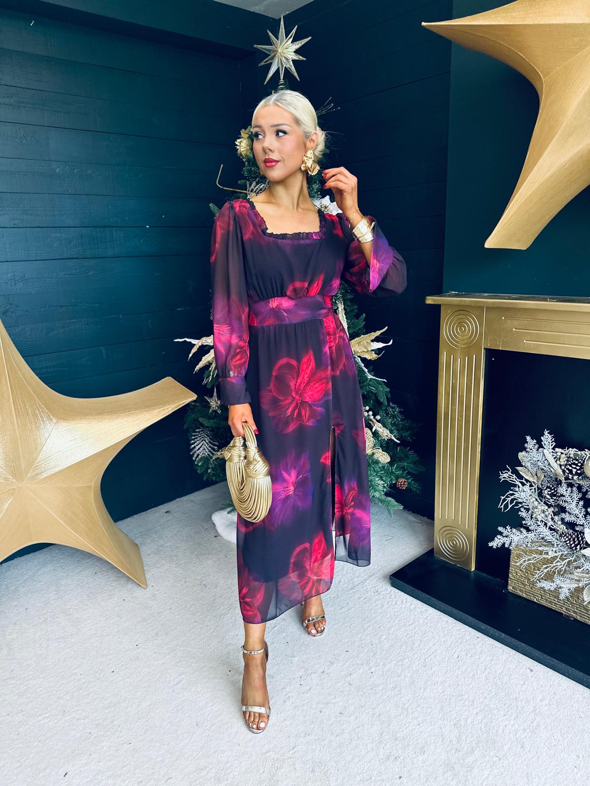 Meabh Square Neck Midi Dress Red Purple Floral