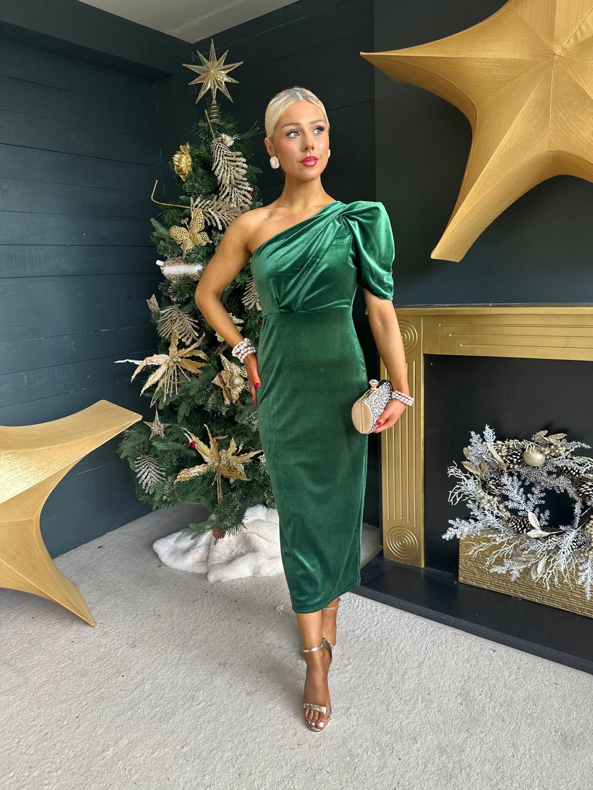 Katie One Shoulder Velvet Occasion Dress Green