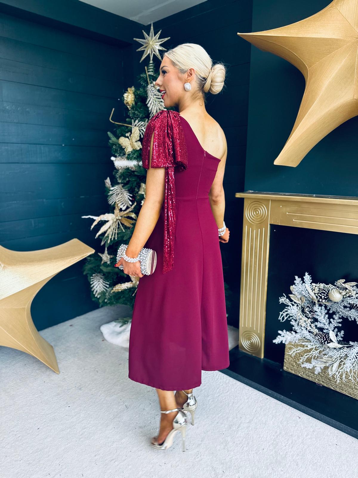 Hailey Sequin Bow Detail Dress Burgundy