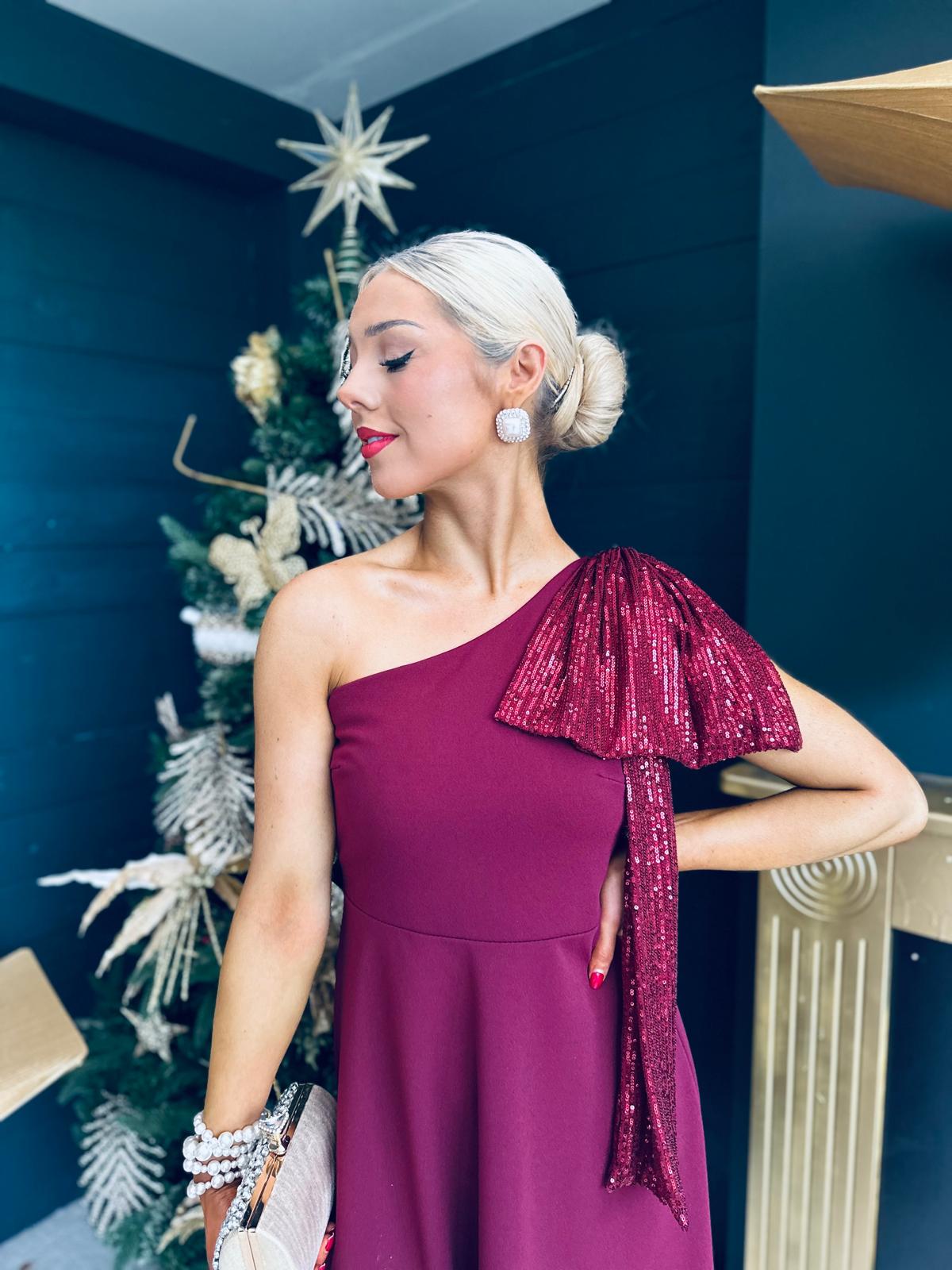 Hailey Sequin Bow Detail Dress Burgundy