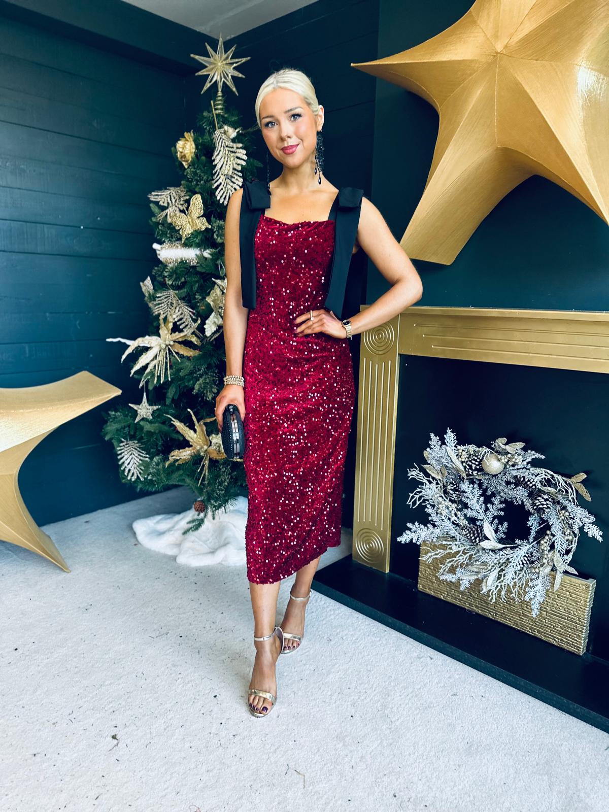 Grace Bow Detail Sequin Midi Dress Burgundy