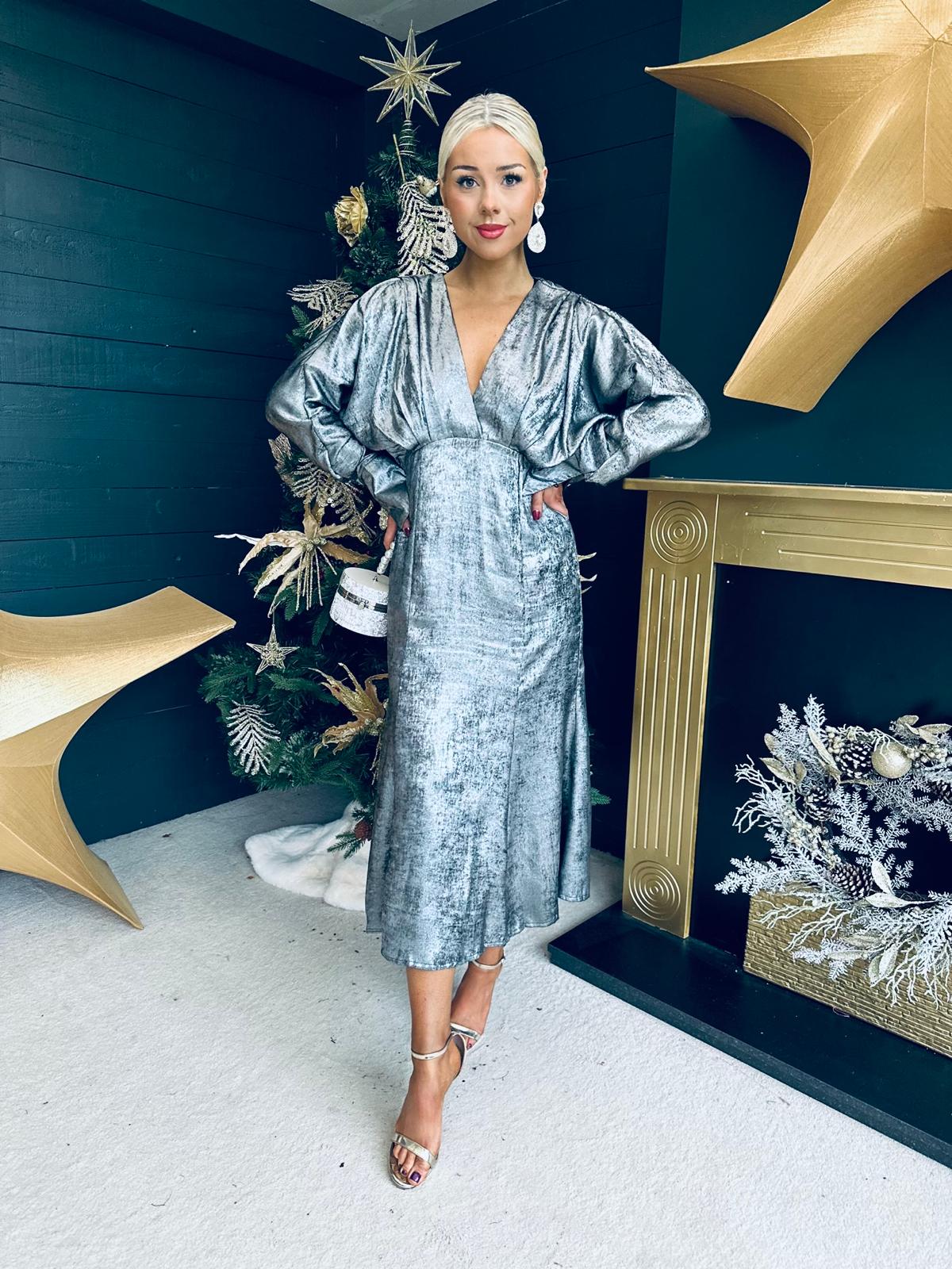 Evana Batwing Metallic Midi Dress Silver