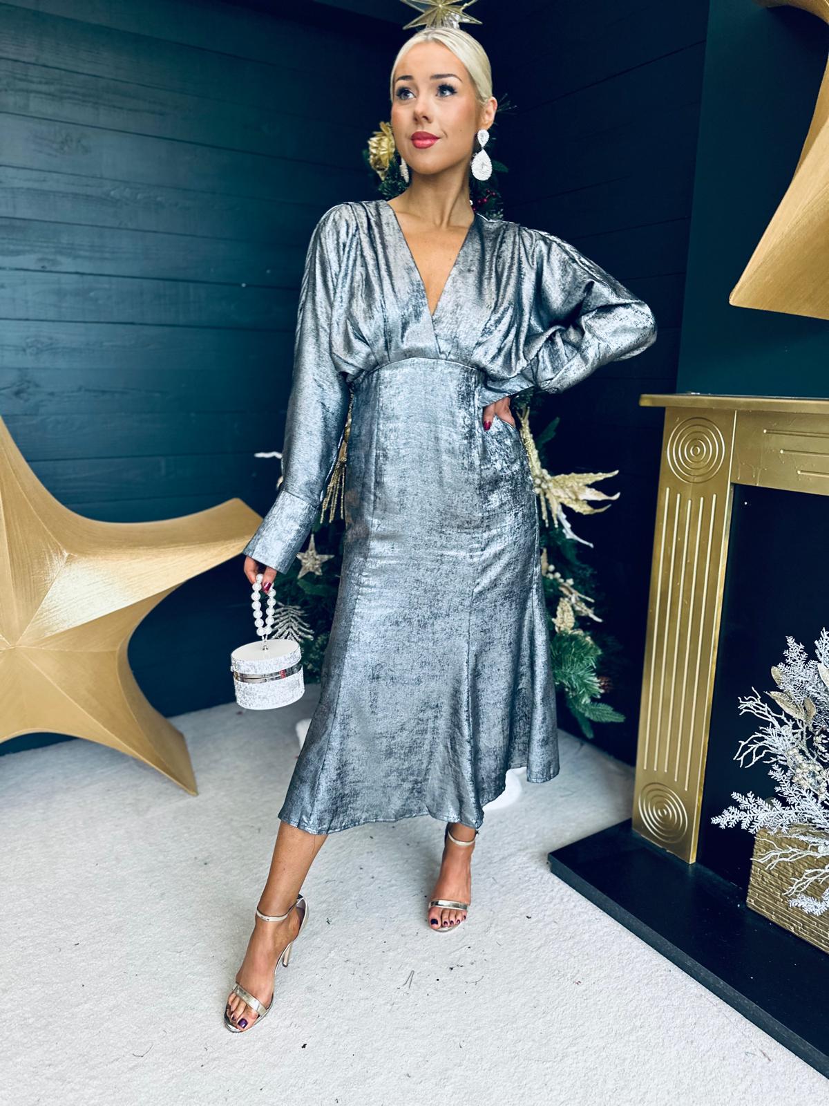 Evana Batwing Metallic Midi Dress Silver