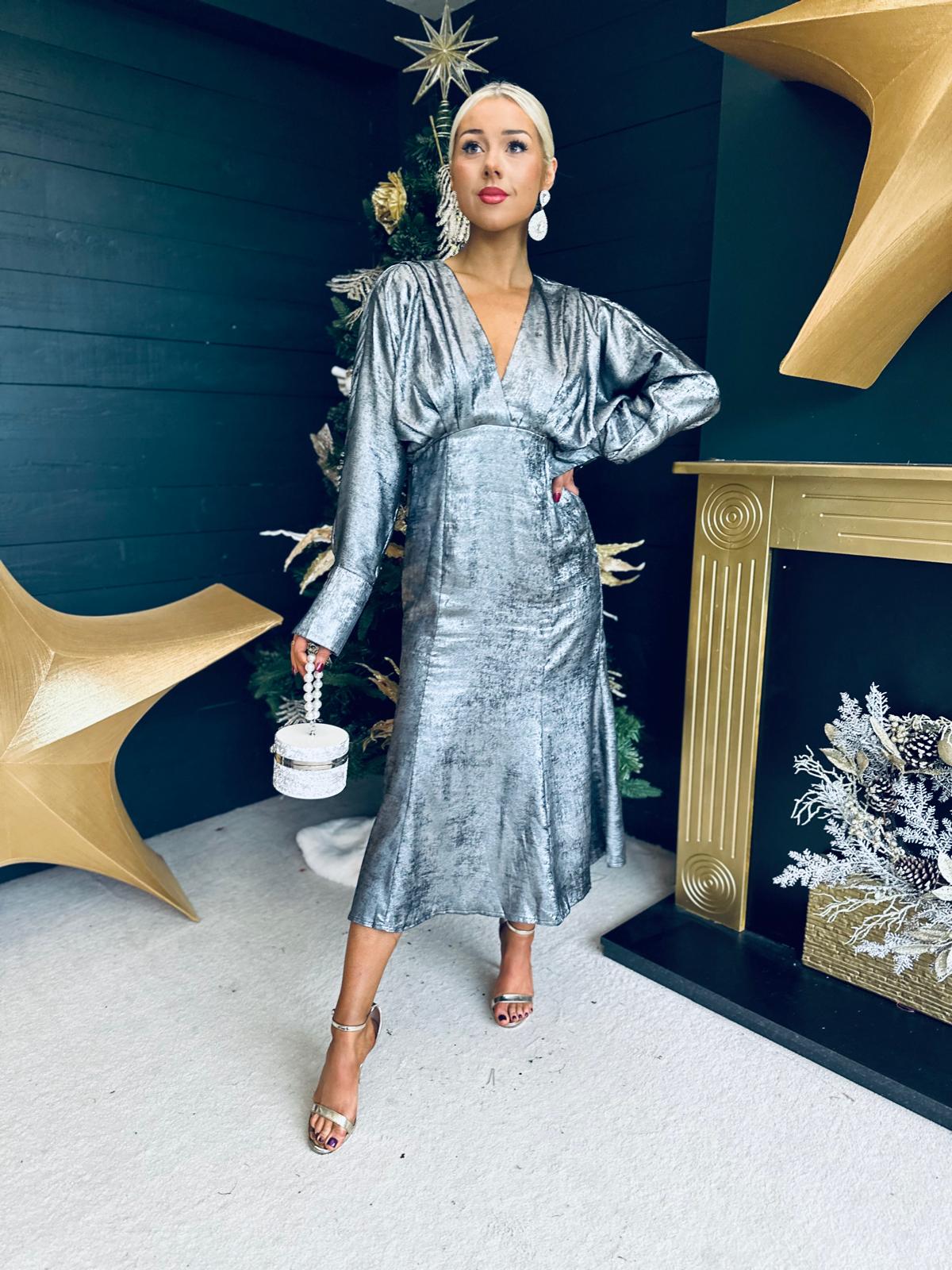 Evana Batwing Metallic Midi Dress Silver