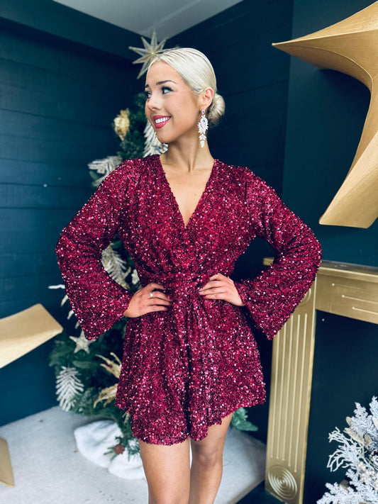 Ariel Sequin Playsuit Burgundy