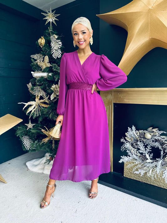 Julia Sequin Banded Midi Dress Berry