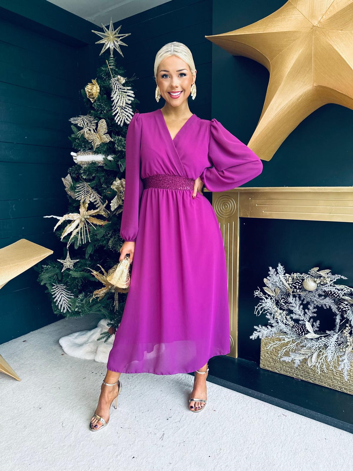 Julia Sequin Banded Midi Dress Berry