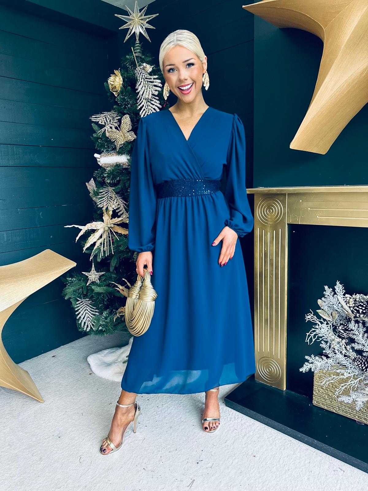 Julia Sequin Banded Midi Dress Navy