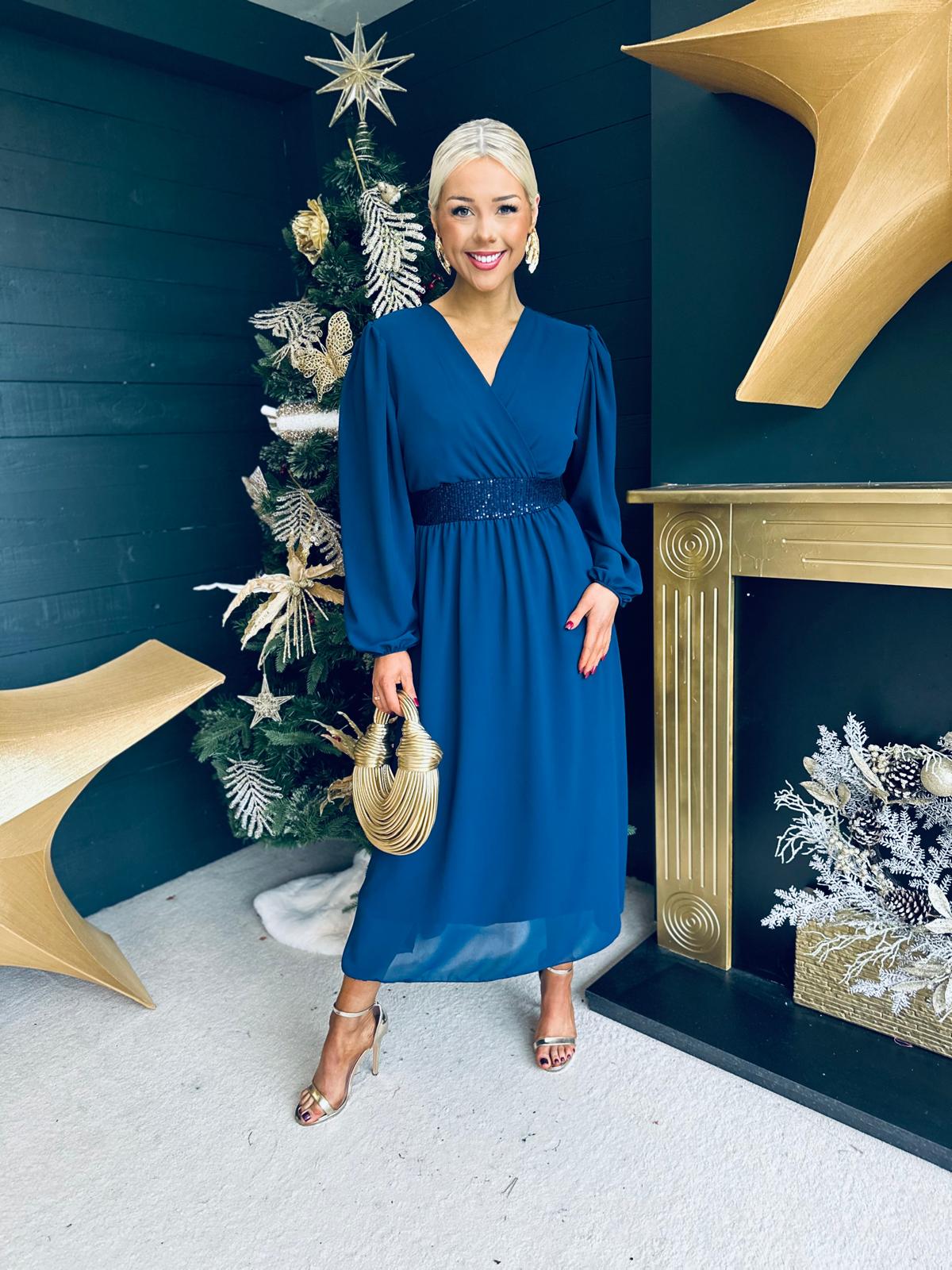 Julia Sequin Banded Midi Dress Navy