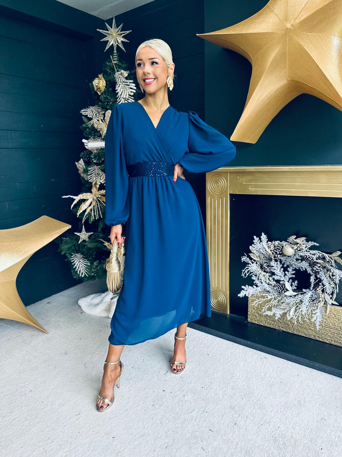 Julia Sequin Banded Midi Dress Navy