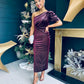 Katie One Shoulder Velvet Occasion Dress Burgundy Silver