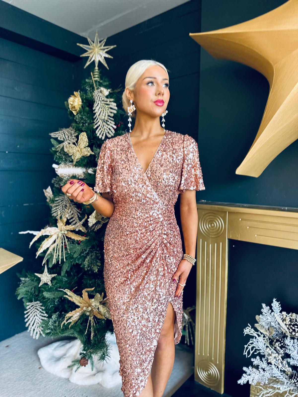 Isla Gathered Sequin Midi Dress Gold