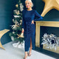 Elena Plisse Ruched Long Sleeve Midi Dress Navy