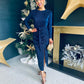 Elena Plisse Ruched Long Sleeve Midi Dress Navy