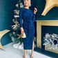 Elena Plisse Ruched Long Sleeve Midi Dress Navy