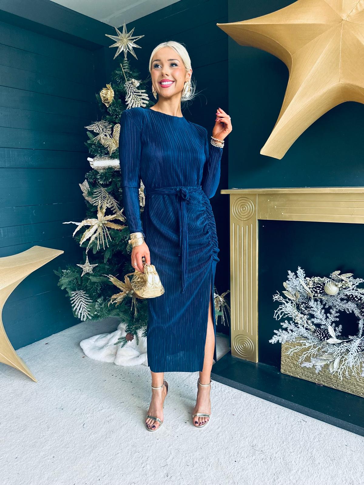 Elena Plisse Ruched Long Sleeve Midi Dress Navy