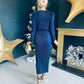 Elena Plisse Ruched Long Sleeve Midi Dress Navy