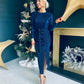 Elena Plisse Ruched Long Sleeve Midi Dress Navy