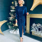 Elena Plisse Ruched Long Sleeve Midi Dress Navy