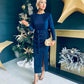 Elena Plisse Ruched Long Sleeve Midi Dress Navy