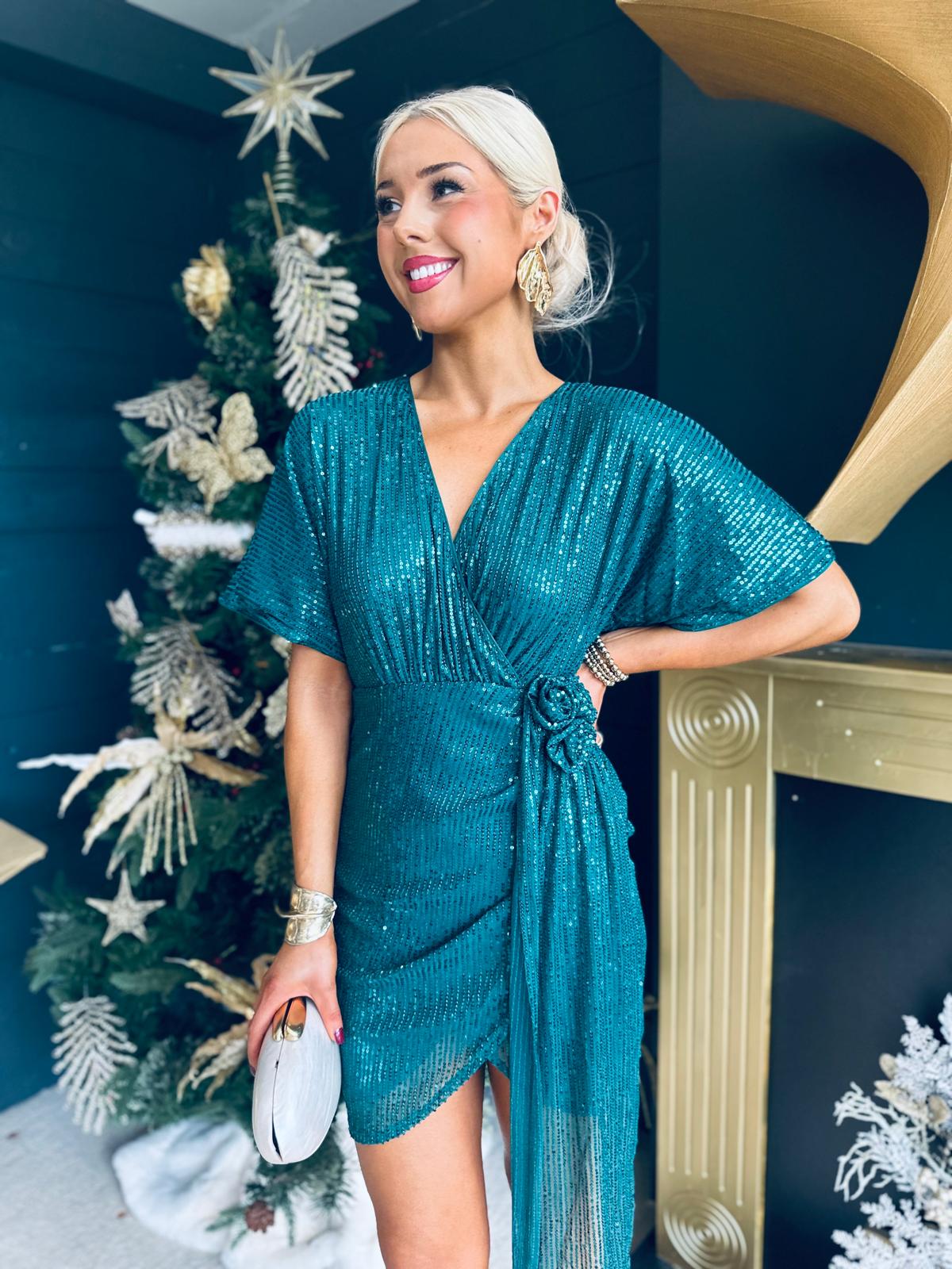 Deena Jade Green Corsage Sequin Mini Dress