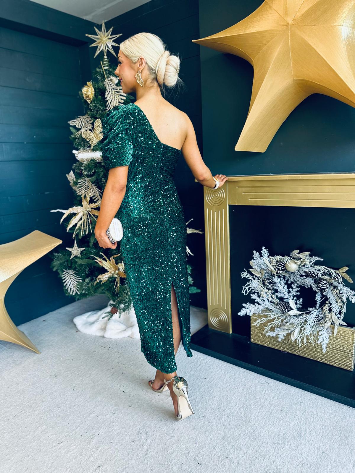 Georgia One Shoulder Sequin Midi Dress Forest