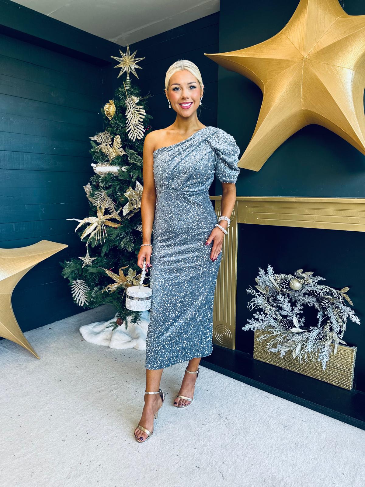 Georgia One Shoulder Sequin Midi Dress Silver