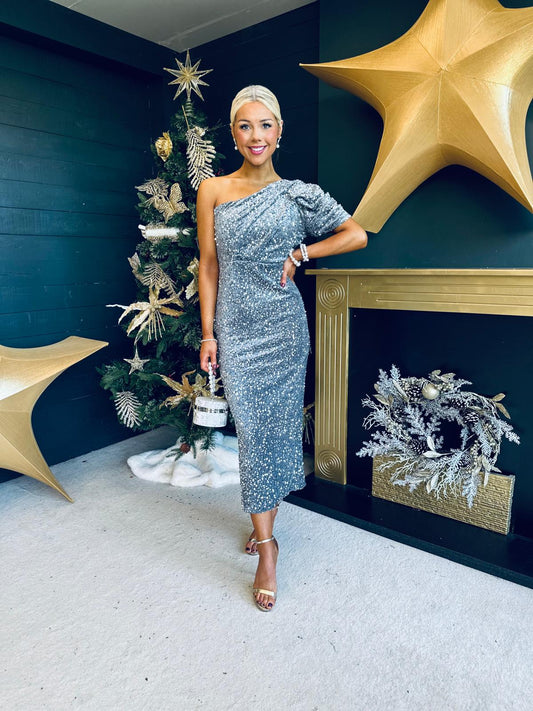 Georgia One Shoulder Sequin Midi Dress Silver