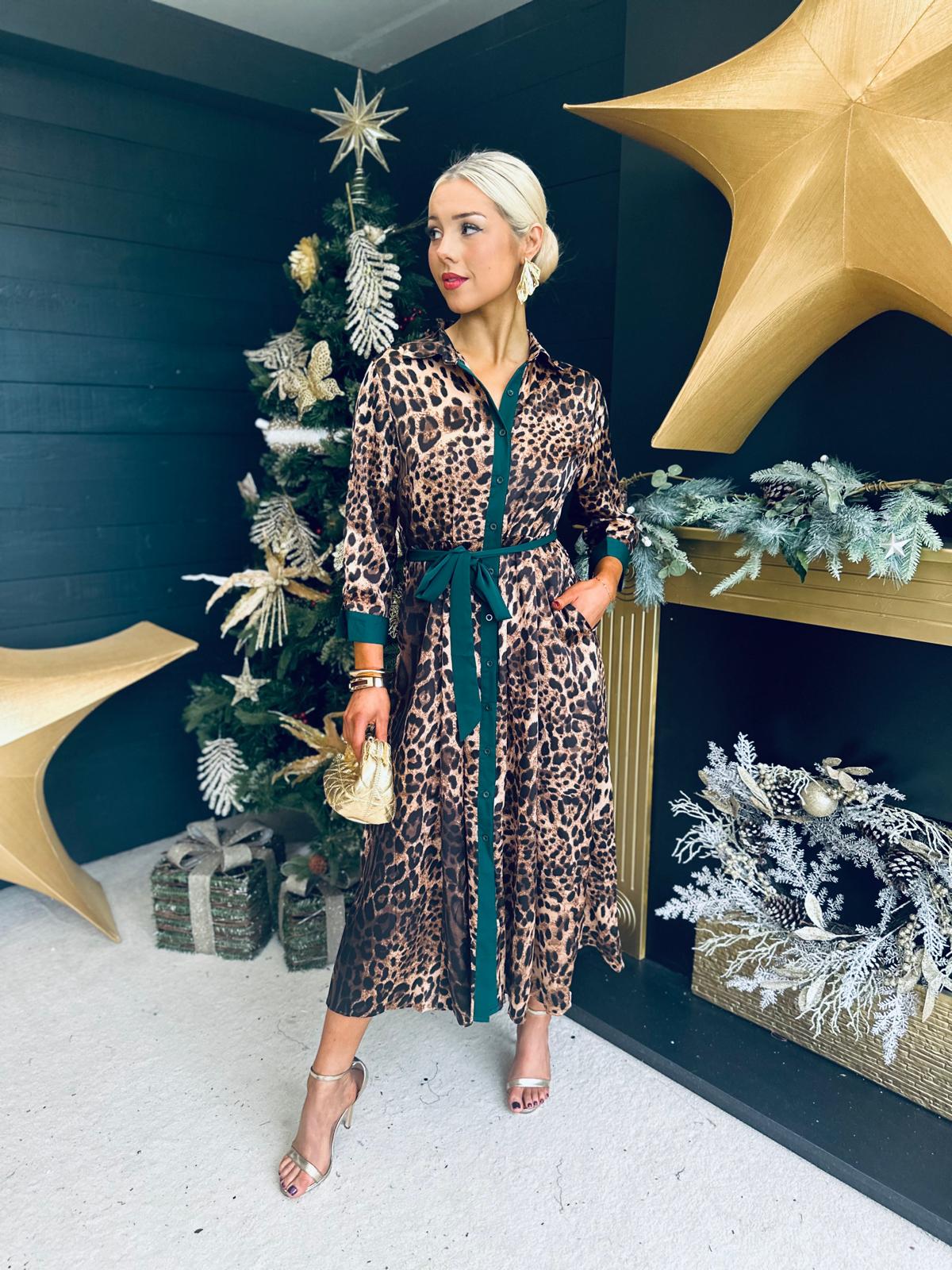 Angela Shirt Maxi Dress Leopard Print Green