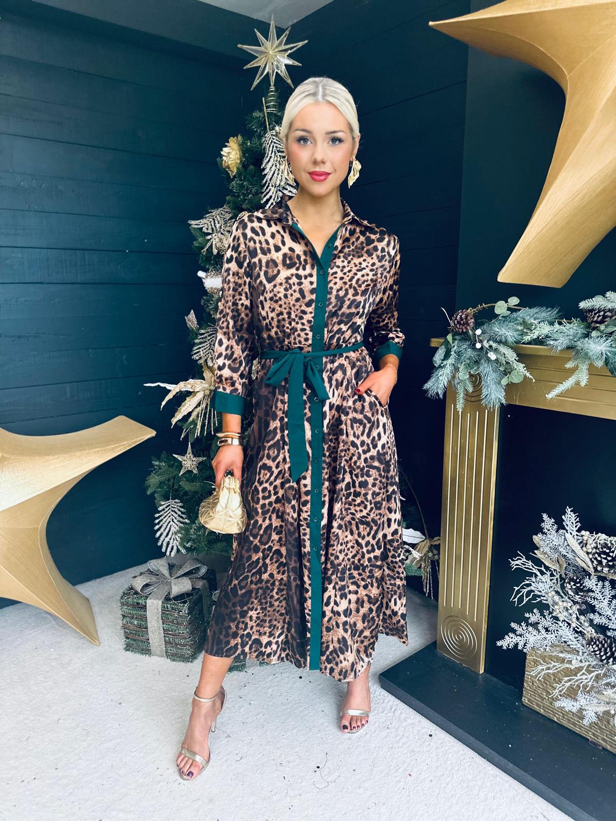 Angela Shirt Maxi Dress Leopard Print Green