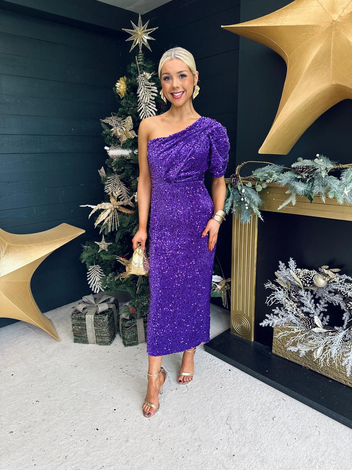 Georgia One Shoulder Sequin Midi Dress Violet