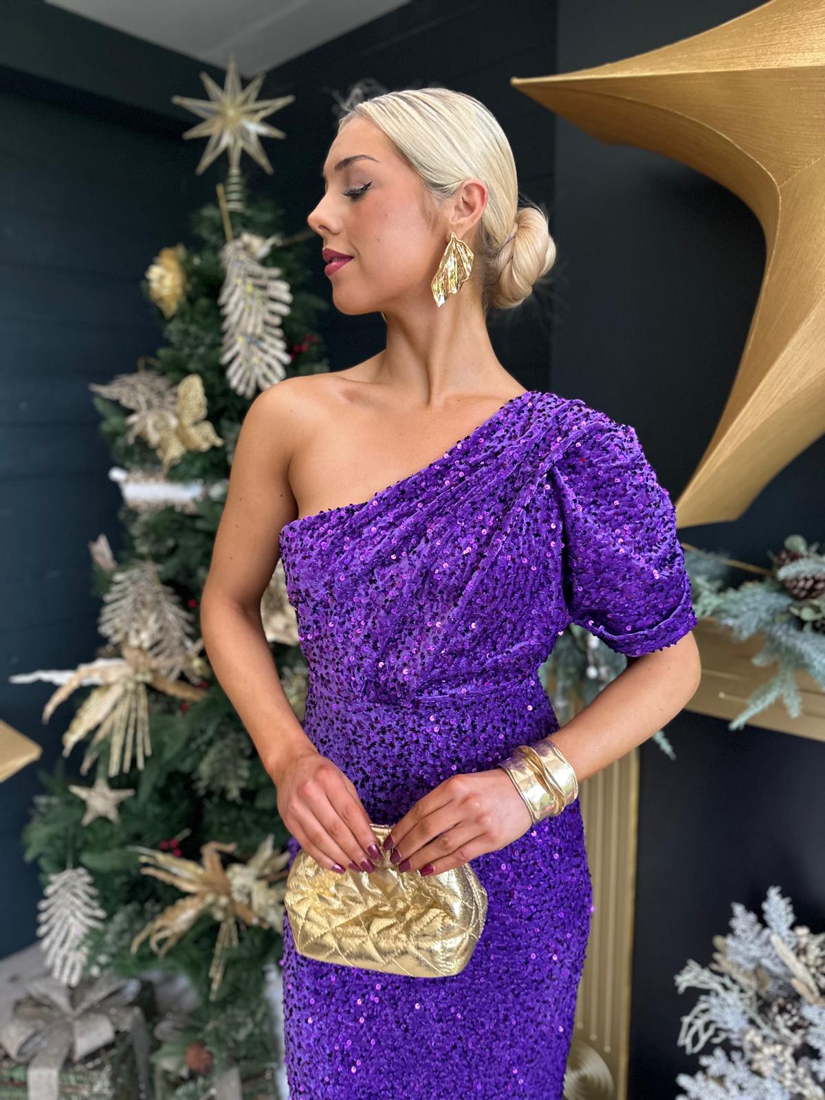 Georgia One Shoulder Sequin Midi Dress Violet