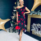 Ariana Asymmetric Midi Dress Black Red Floral