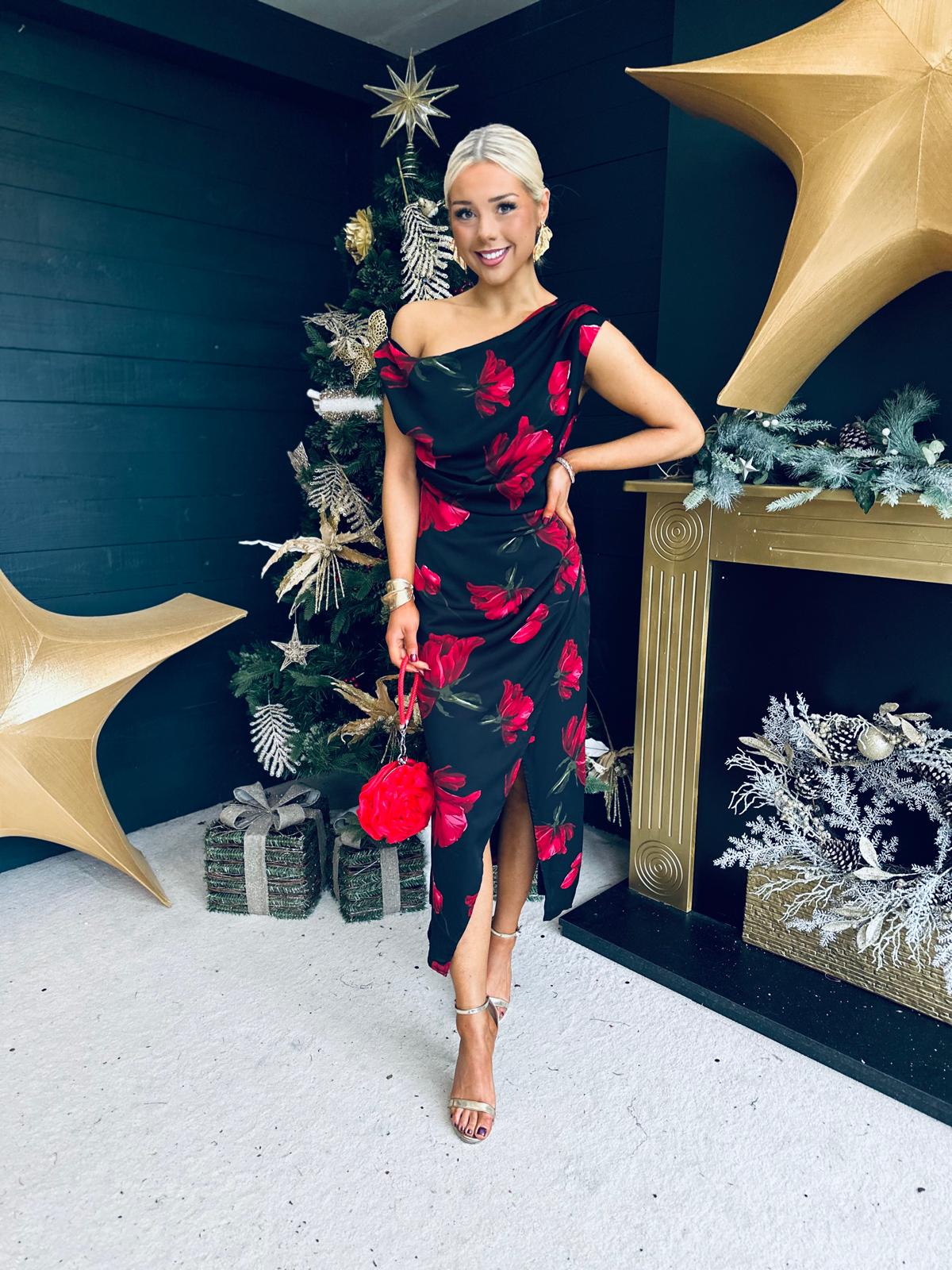 Ariana Asymmetric Midi Dress Black Red Floral