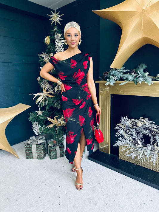 Ariana Asymmetric Midi Dress Black Red Floral