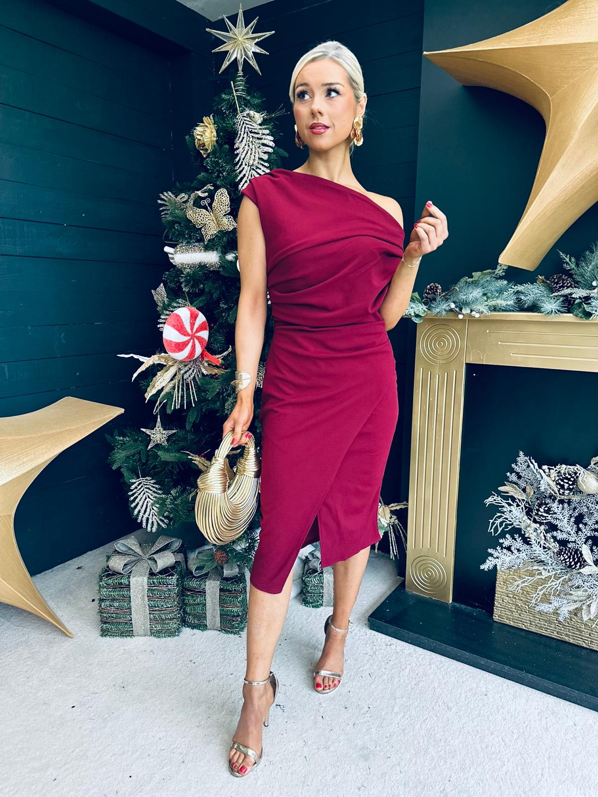 Ariana Asymmetric Midi Dress Wine