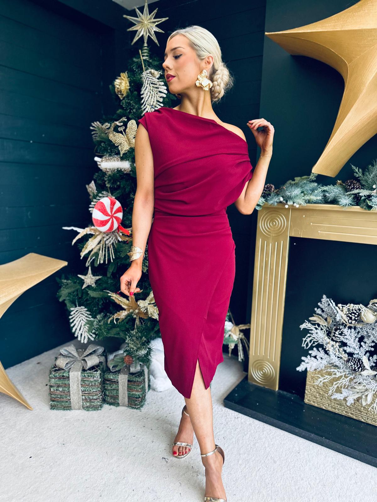 Ariana Asymmetric Midi Dress Wine