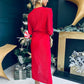 Elena Plisse Ruched Long Sleeve Midi Dress Red