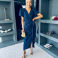 Drew Puff Sleeve Wrap Front Midi Dress Navy