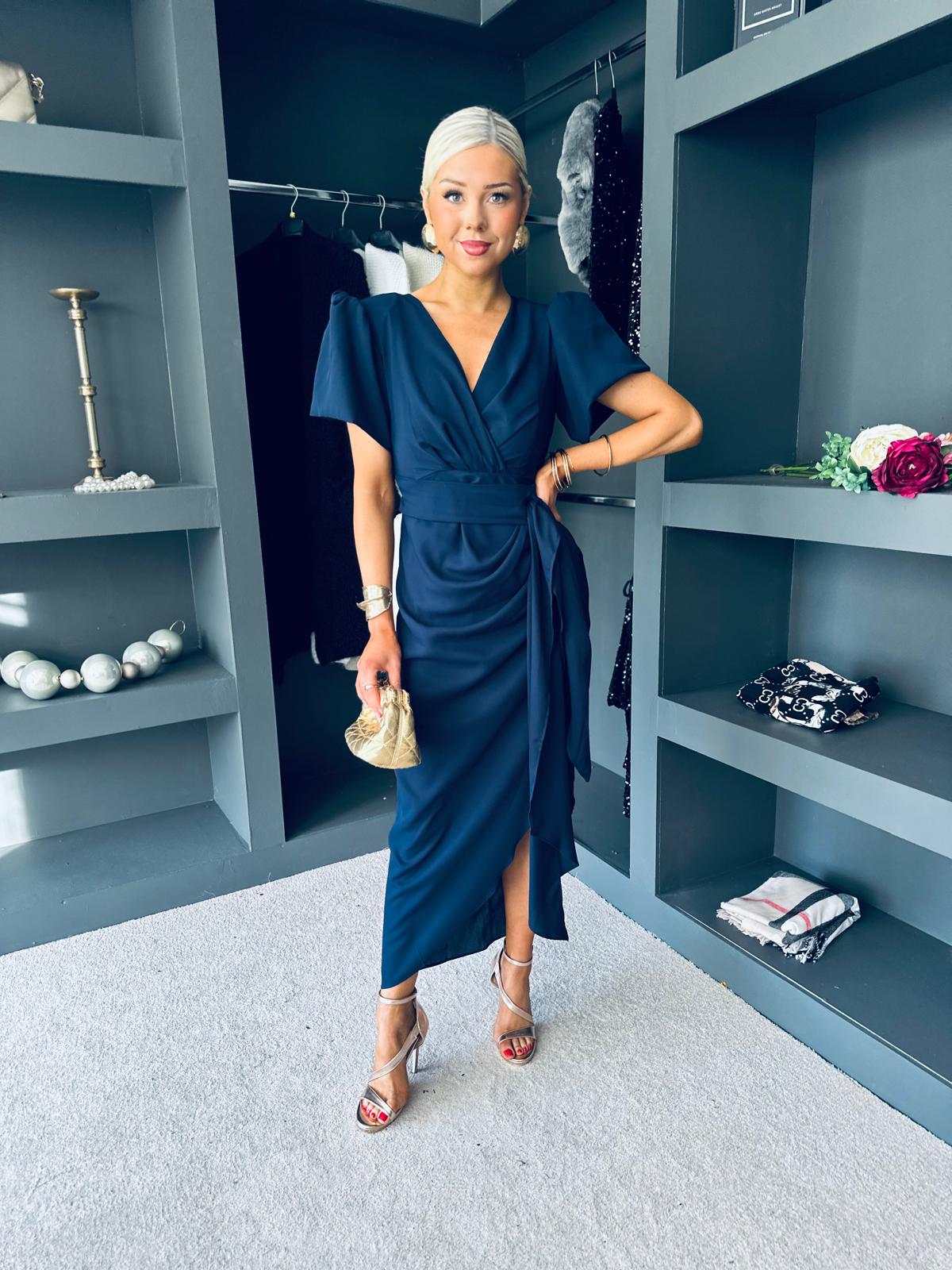 Drew Puff Sleeve Wrap Front Midi Dress Navy