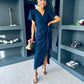 Drew Puff Sleeve Wrap Front Midi Dress Navy