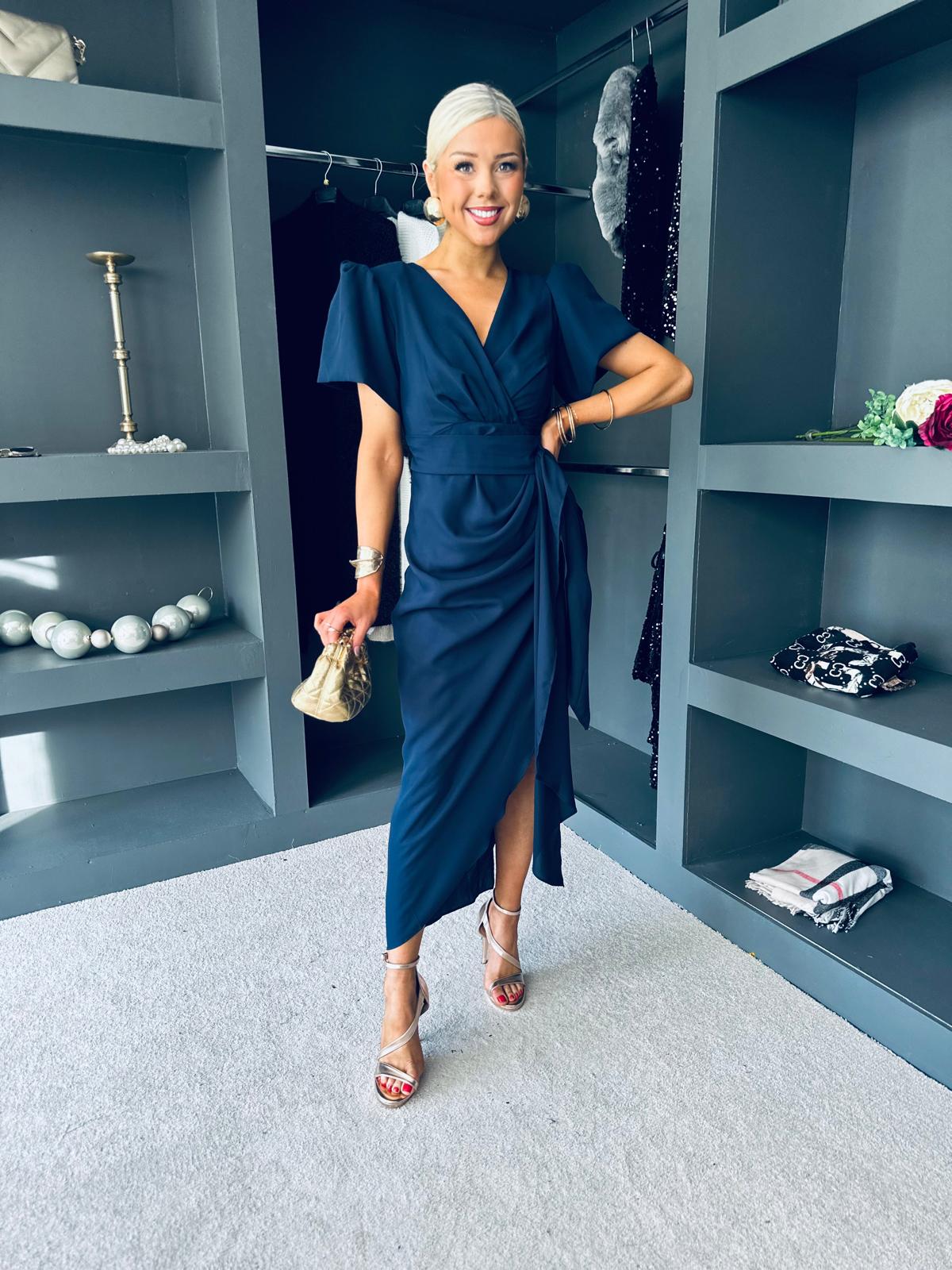 Drew Puff Sleeve Wrap Front Midi Dress Navy