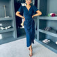 Drew Puff Sleeve Wrap Front Midi Dress Navy