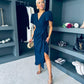 Drew Puff Sleeve Wrap Front Midi Dress Navy