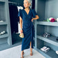 Drew Puff Sleeve Wrap Front Midi Dress Navy