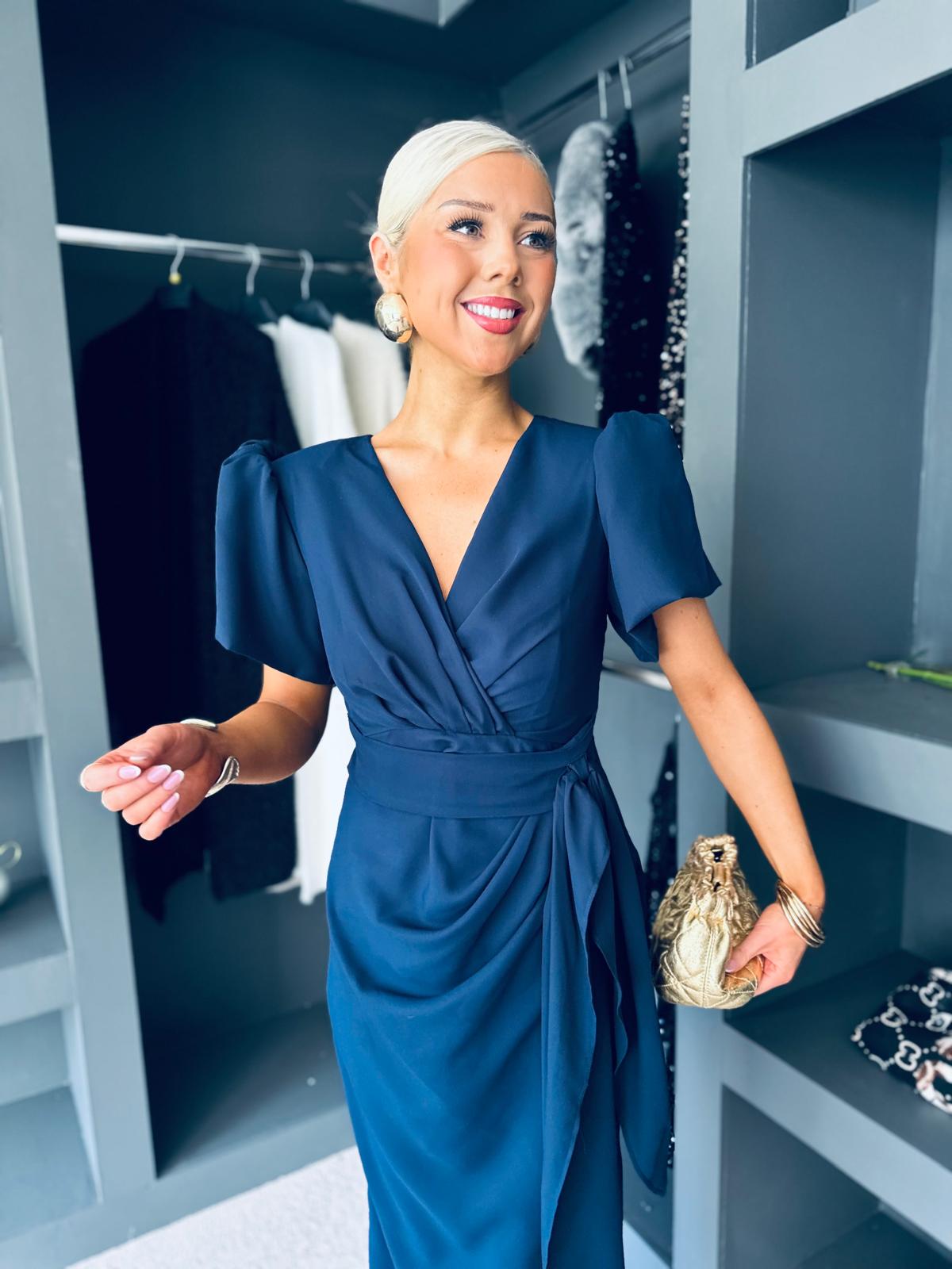 Drew Puff Sleeve Wrap Front Midi Dress Navy