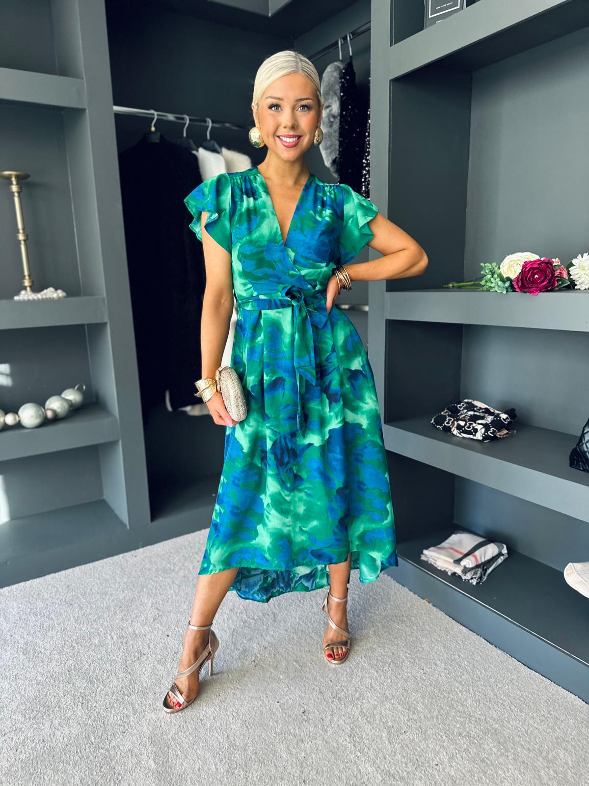 Yvonne Abstract Print Short Sleeve Midi Dress Green & Blue