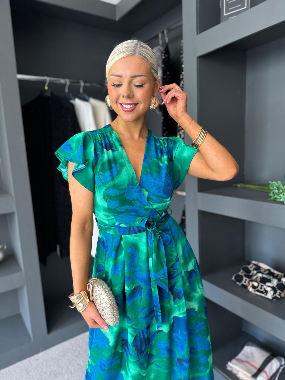 Yvonne Abstract Print Short Sleeve Midi Dress Green & Blue