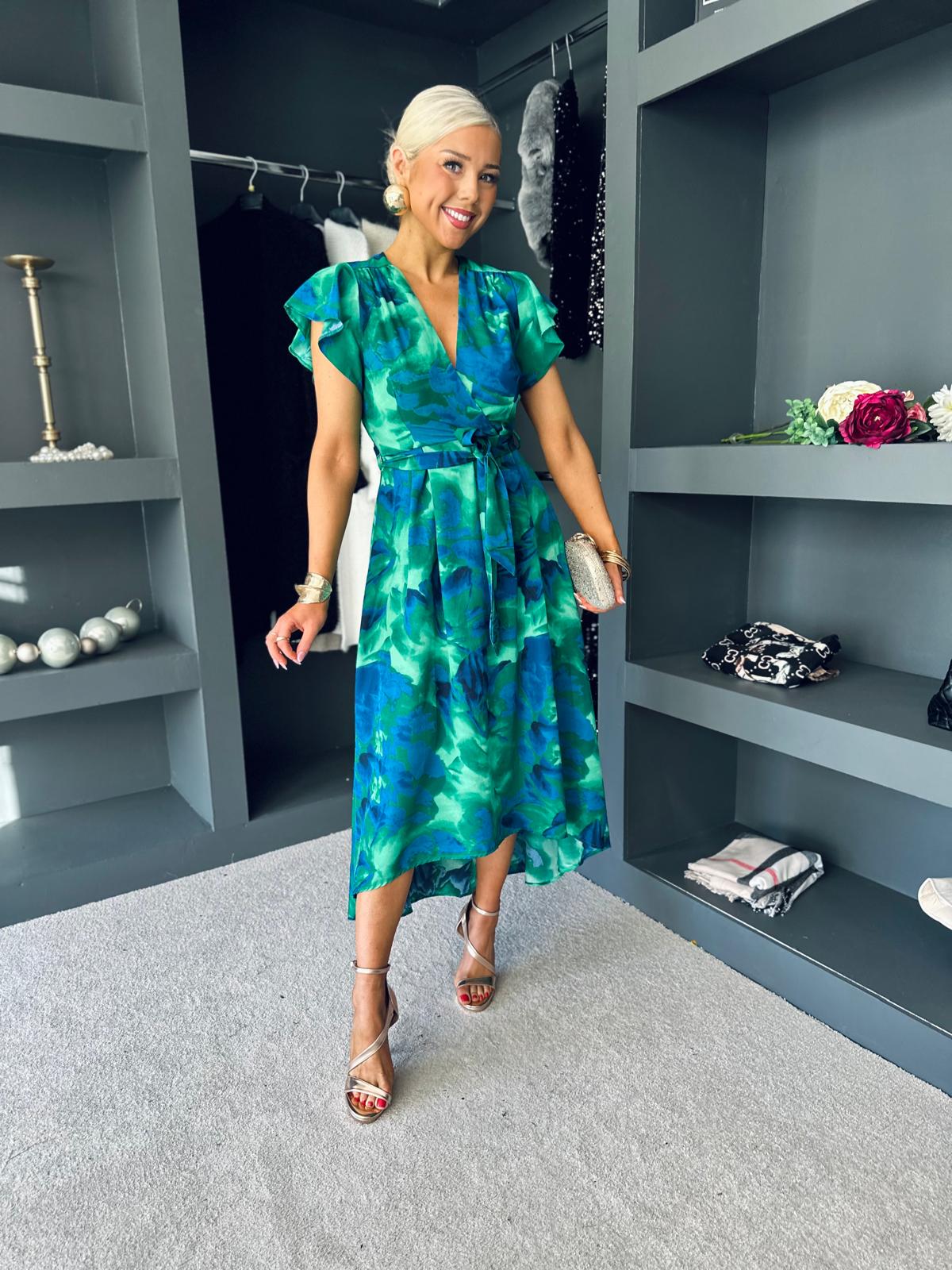 Yvonne Abstract Print Short Sleeve Midi Dress Green & Blue