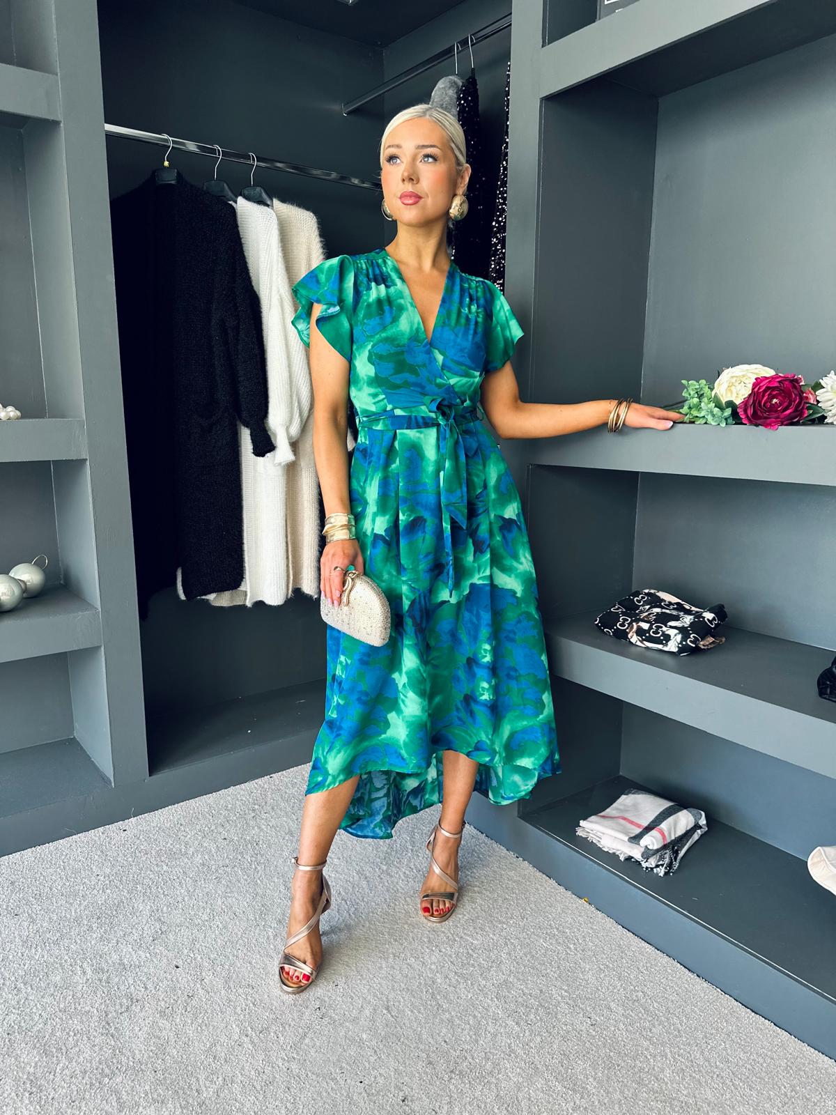 Yvonne Abstract Print Short Sleeve Midi Dress Green & Blue